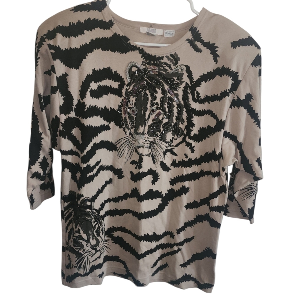 Vintage I. Magnin Hand-Beaded Tiger Print 100% Cotton Sweater Size M